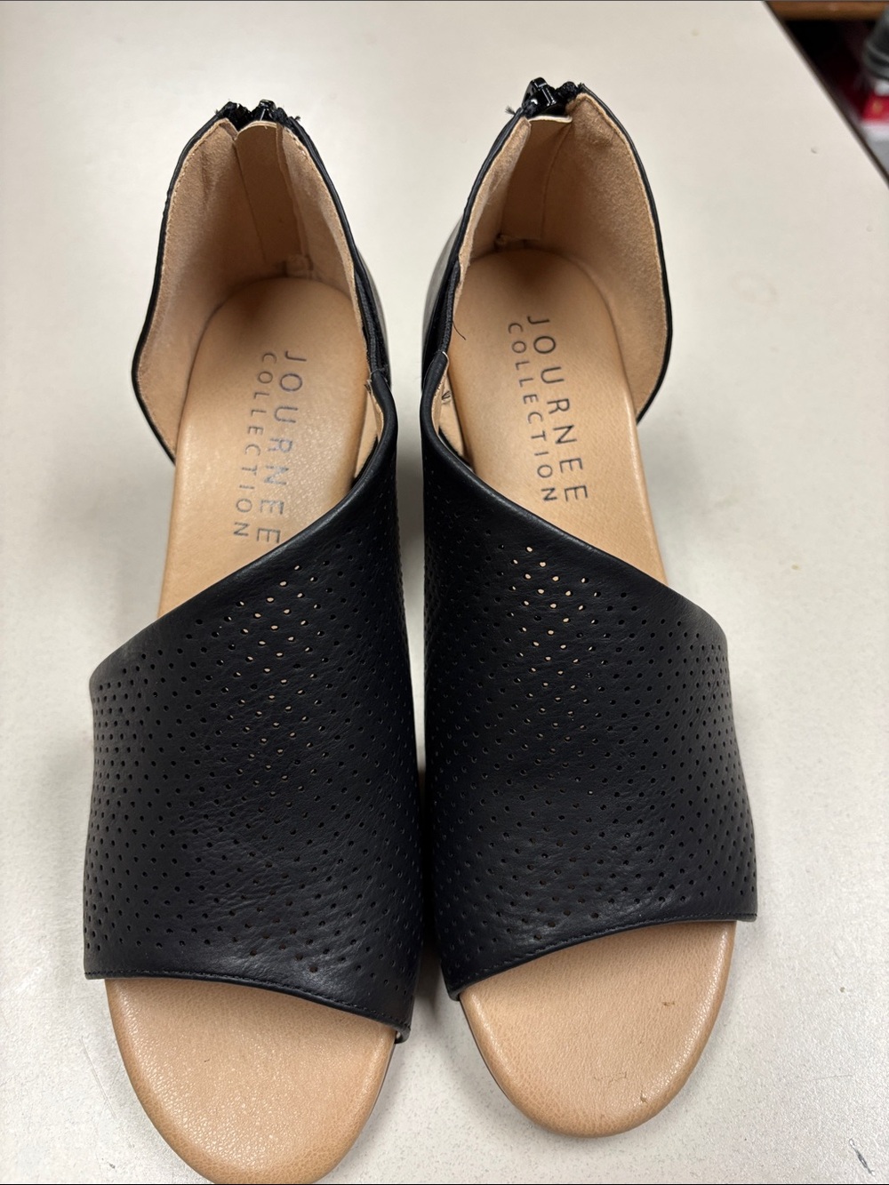 Journee Collection Black Perforated D'Orsay Sandals with Tan Footbed